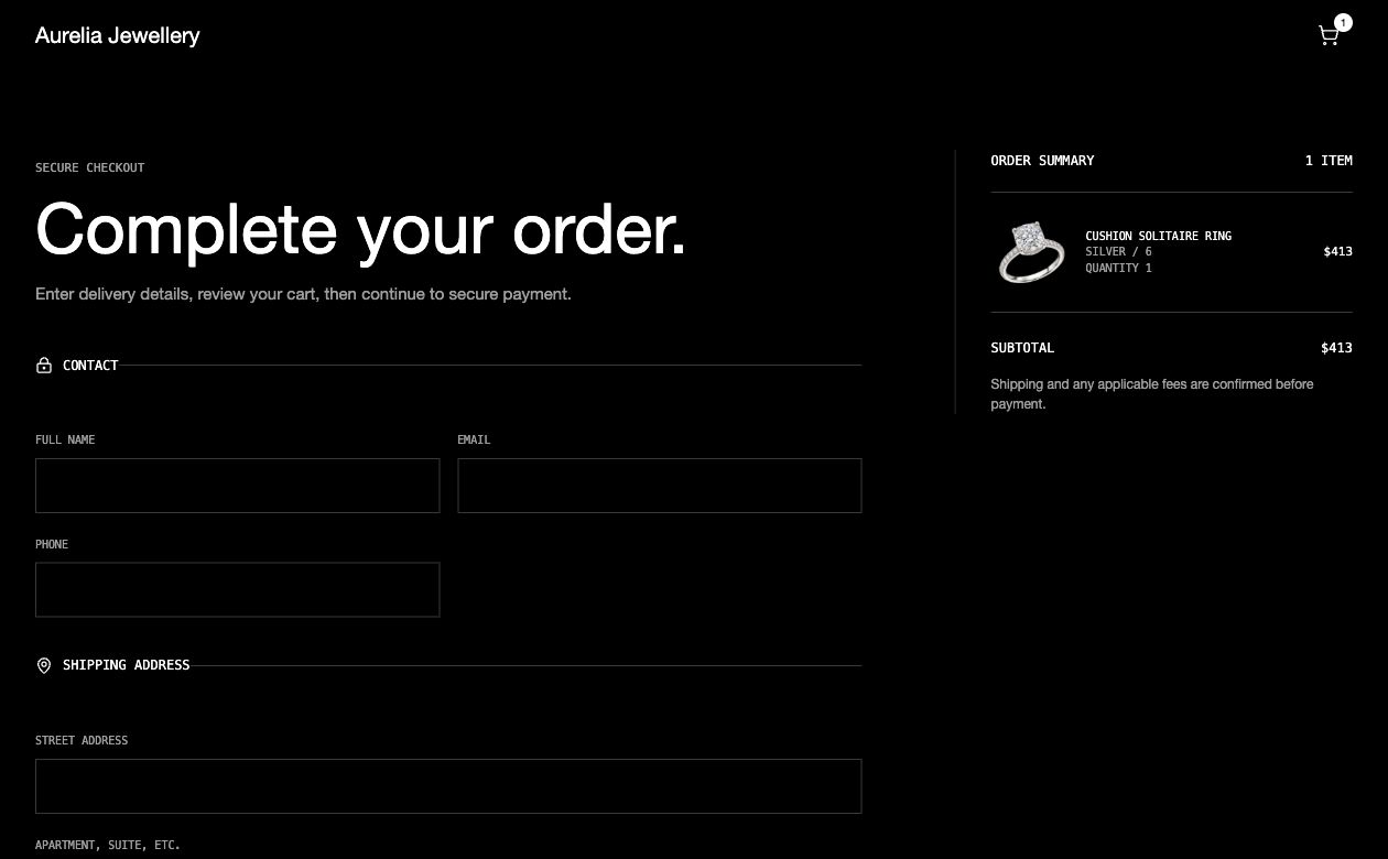 Aurelia Jewellery guest checkout, showing contact and delivery detail fields.