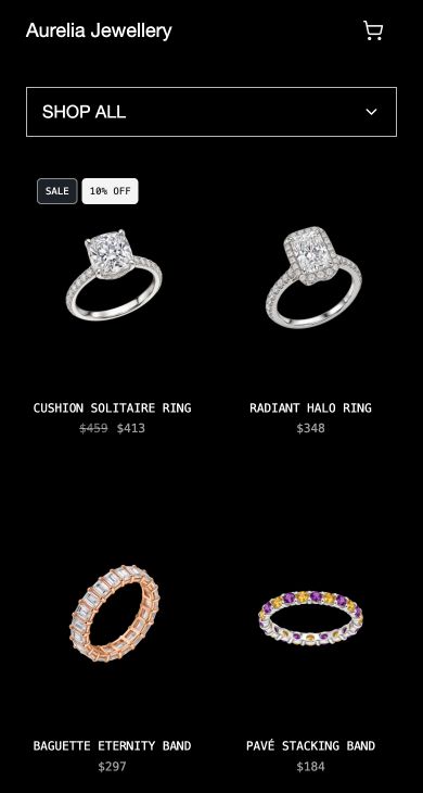 Aurelia Jewellery’s Inttegro Shop, with rings, bracelets and prices on desktop and mobile.