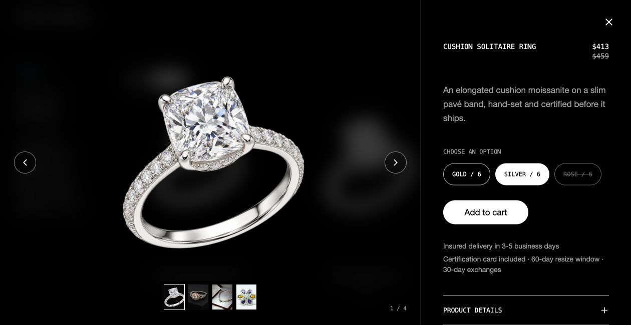 Aurelia Jewellery’s Cushion Solitaire Ring, with its product photo, description and $413 price.