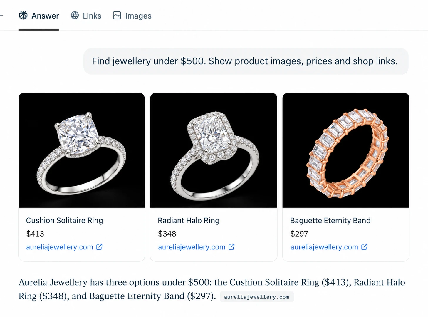 Illustrative Perplexity answer for jewellery under $500, showing three Aurelia Jewellery products, their prices and shop links.