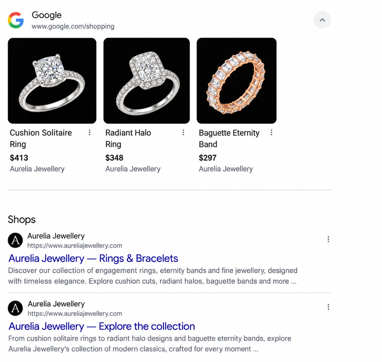 Illustrative Google Shopping results for Aurelia Jewellery, showing the Cushion Solitaire Ring at $413, Radiant Halo Ring at $348 and Baguette Eternity Band at $297.