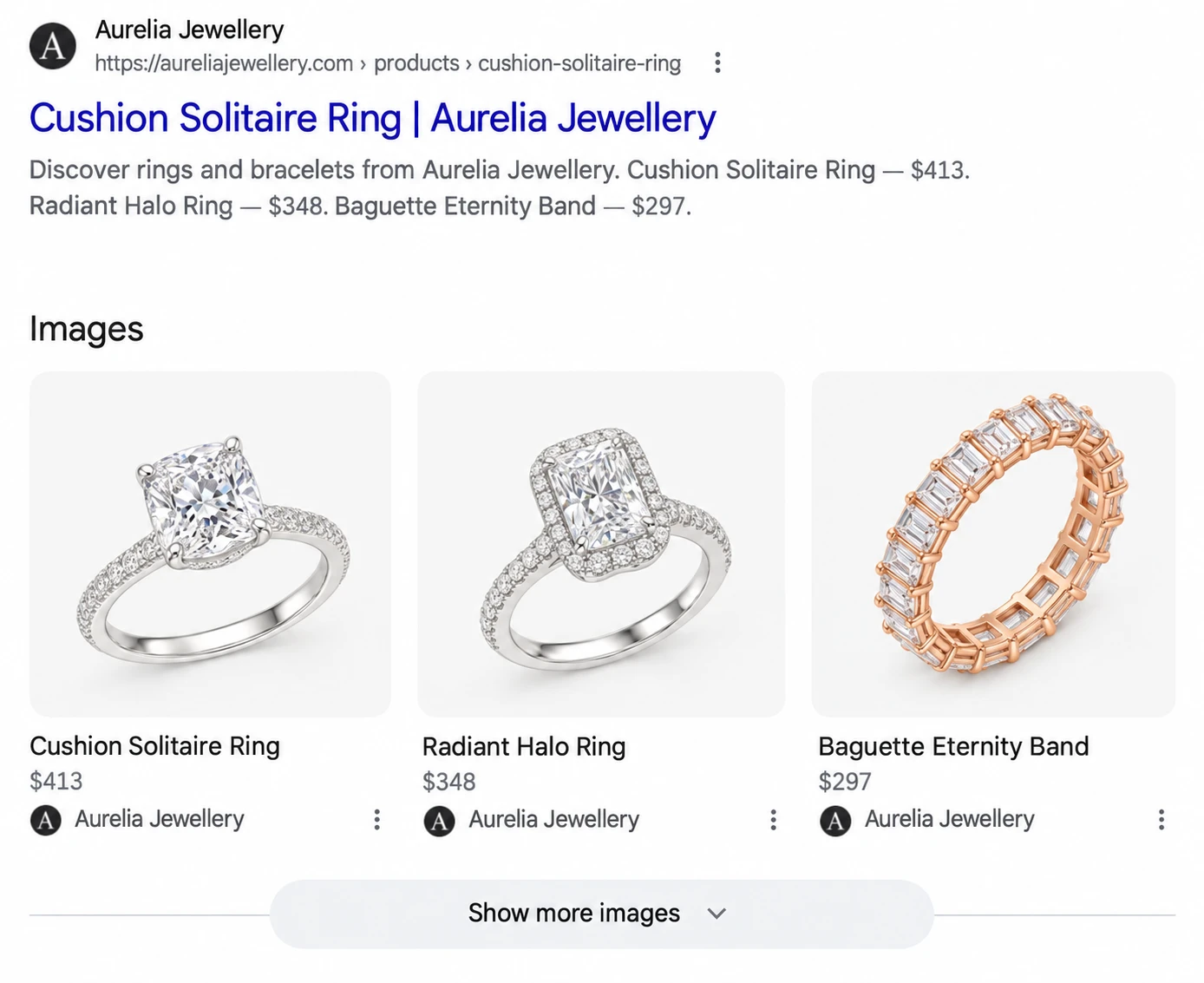 Illustrative Google Search result for Aurelia Jewellery, with its shop address and three jewellery products.