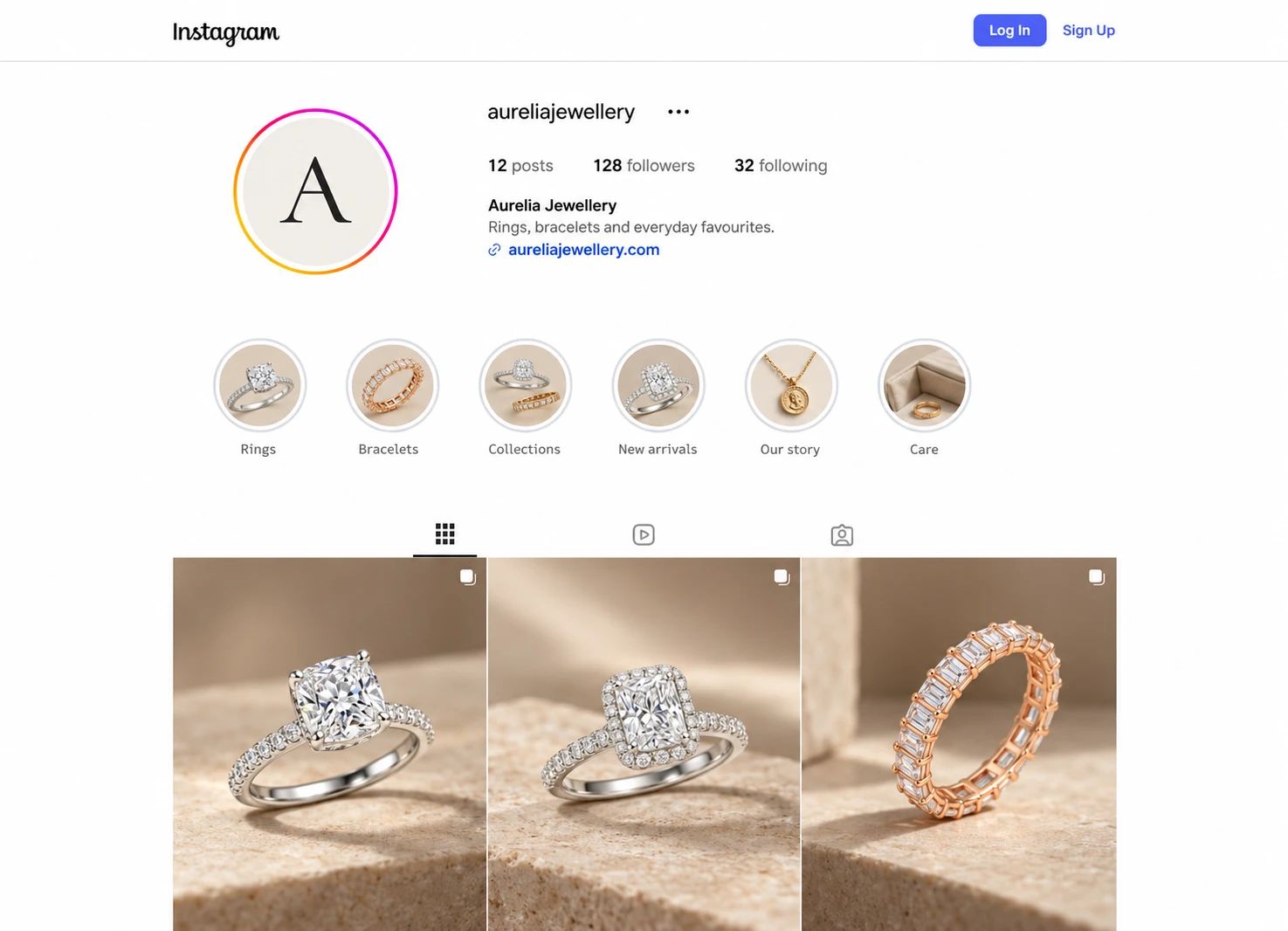 Illustrative Instagram profile for Aurelia Jewellery, with a shop link and photographs of its rings.