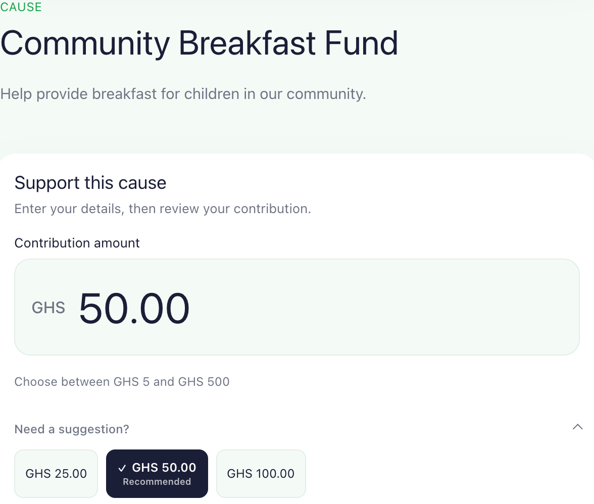 Illustrative Community Breakfast Fund contribution: enter an amount between GHS 5 and GHS 500, or choose a suggested amount before payment.