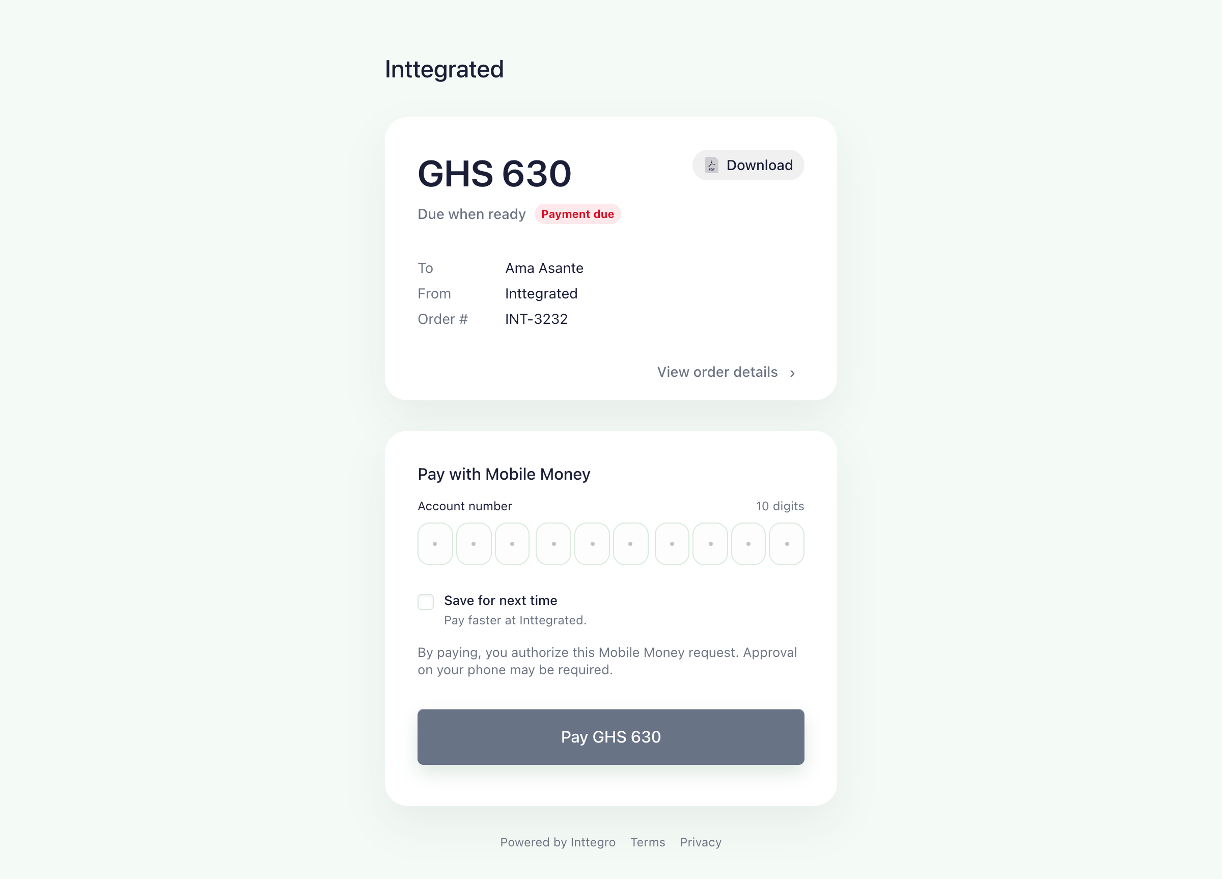 Inttegrated hosted invoice INT-3232 for Ama Asante: GHS 630 due, with order details, a downloadable invoice and mobile-money payment.