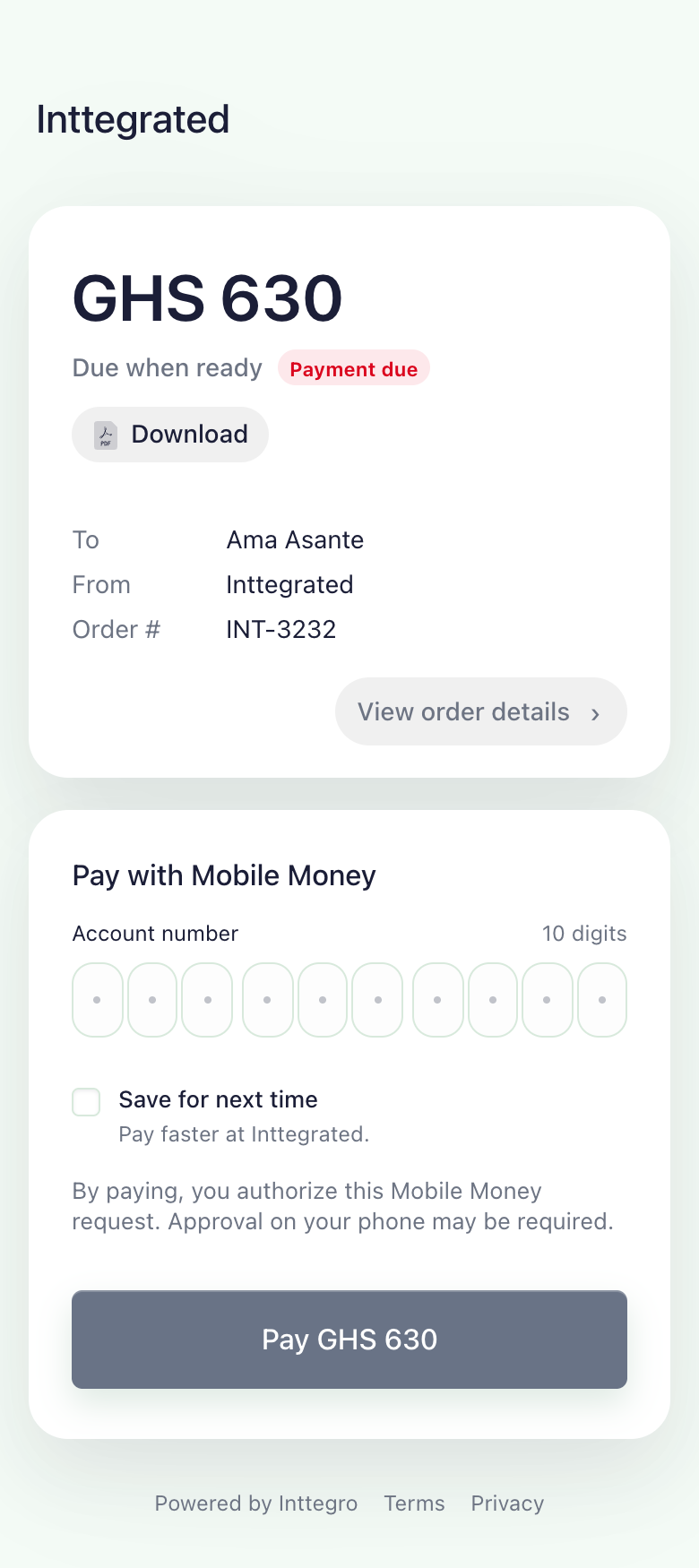 Inttegrated hosted invoice INT-3232 for Ama Asante: GHS 630 due, with order details, a downloadable invoice and mobile-money payment.
