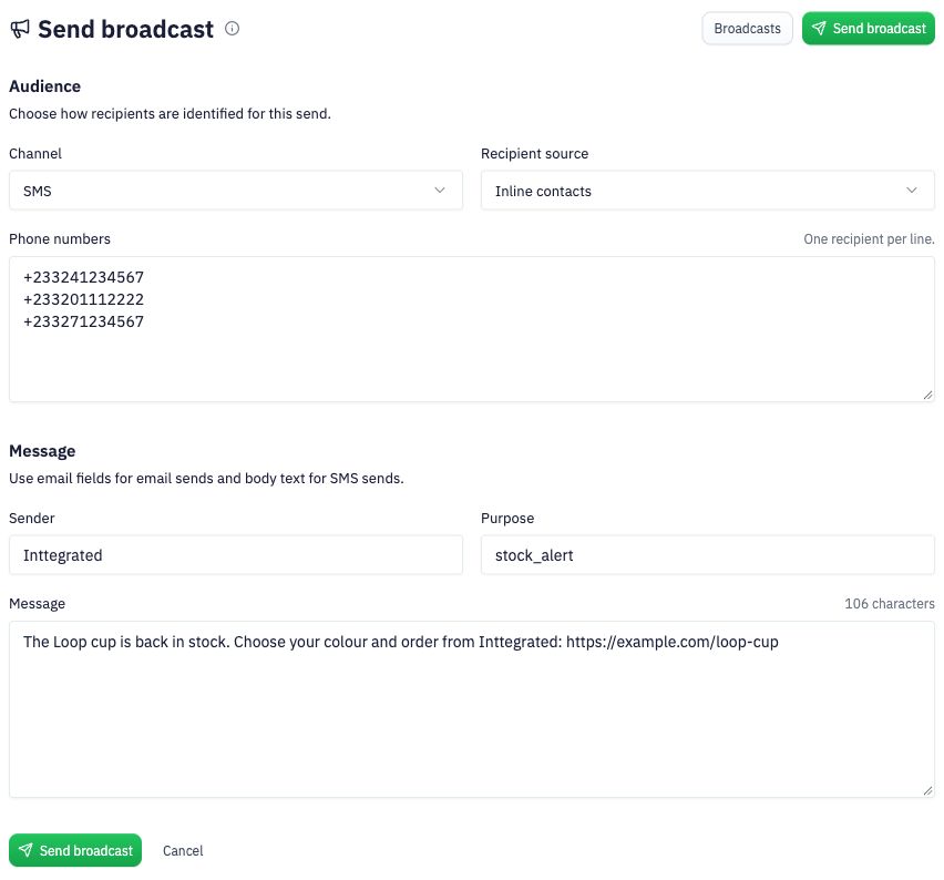 Inttegro broadcast composer with an SMS announcement from Inttegrated and a list of recipients.