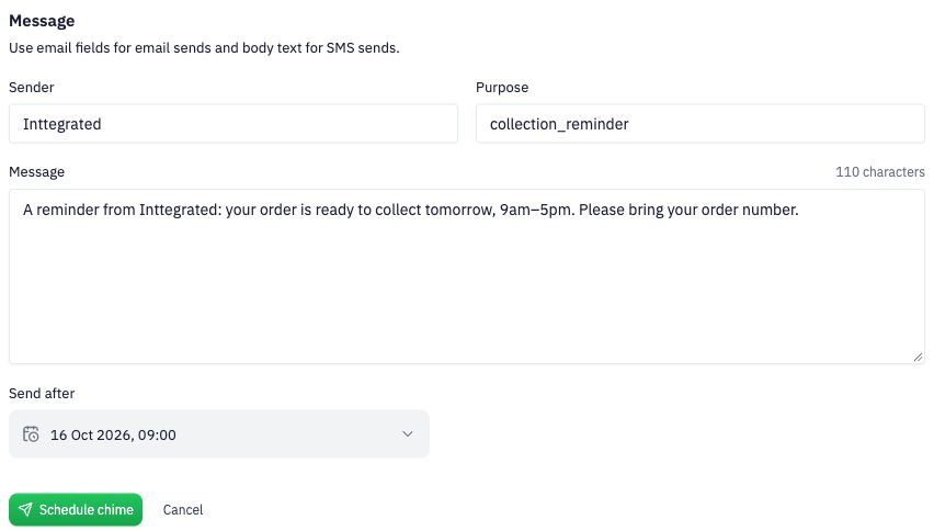 An Inttegrated collection reminder prepared in Inttegro with a future send date and time.