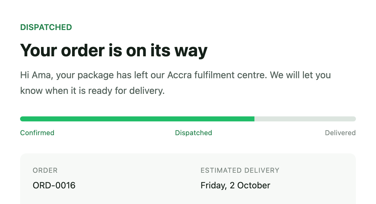 Detail of that email: Hi Ama, your package has left our Accra fulfilment centre. Order ORD-0016 is dispatched; delivery is still ahead.