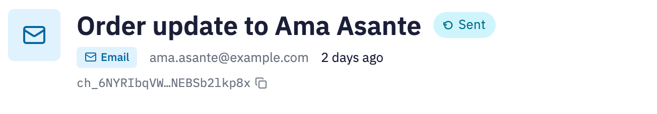 Chimes demo email record: Order update to Ama Asante, ama.asante@example.com. Status: Sent; delivery not confirmed.