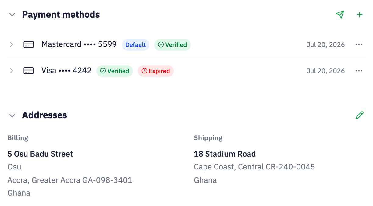 Ama’s saved payment methods with verification and expiry states, followed by her complete billing and shipping addresses in Inttegro.