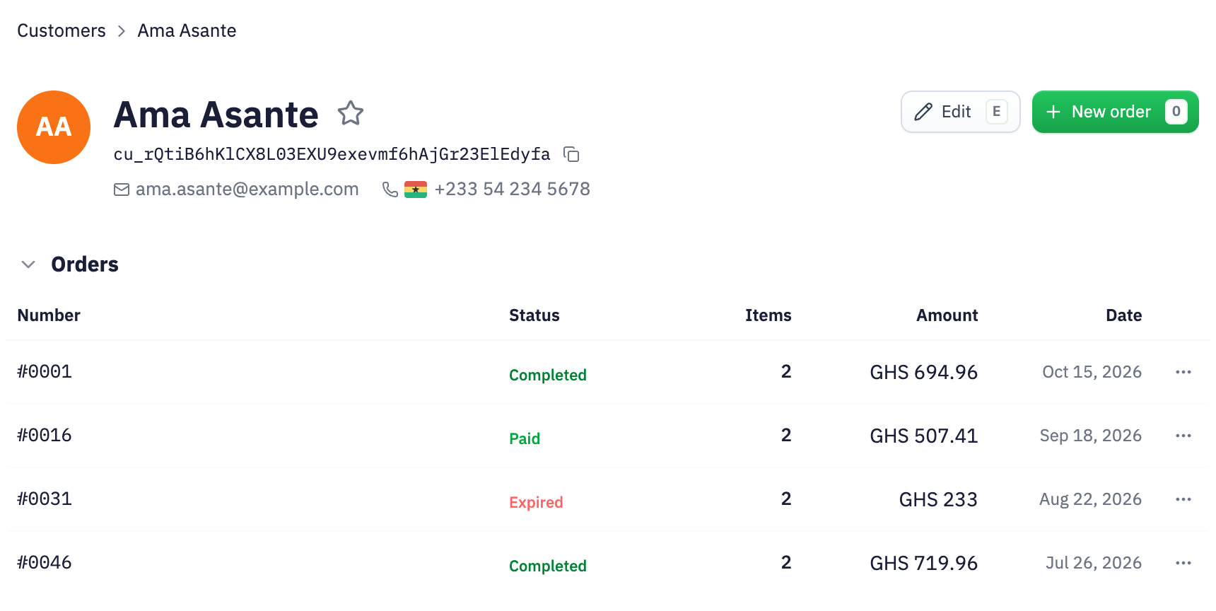 Ama Asante’s Inttegro customer profile with contact details and four orders, including their amounts, dates and payment states.