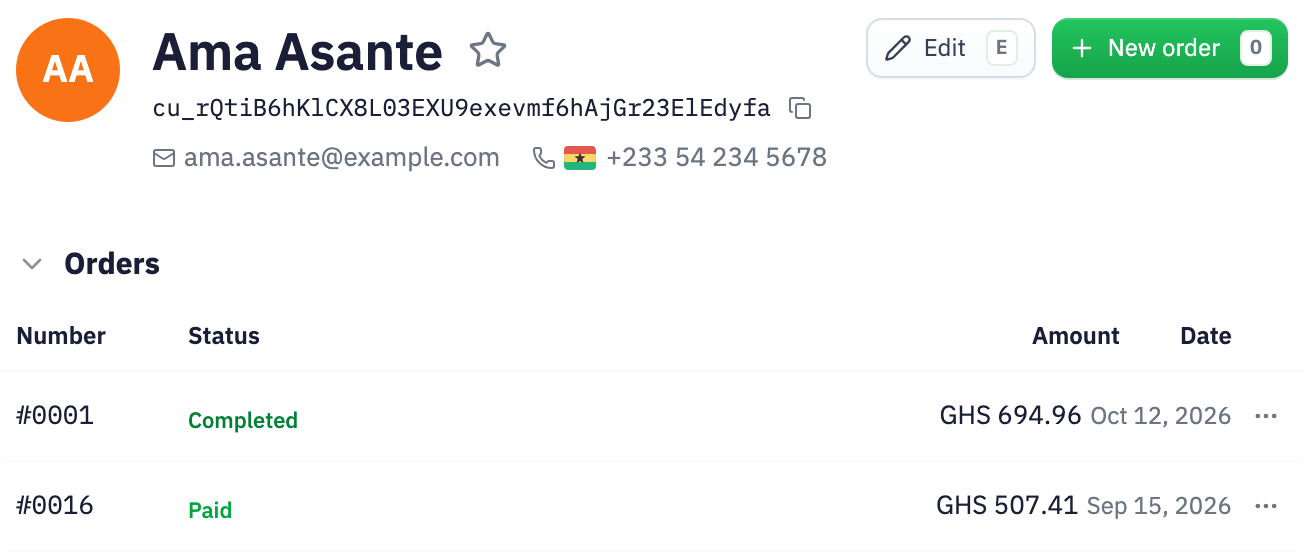 Ama Asante’s Inttegro demo customer record, with contact details and order history including paid order 0016.
