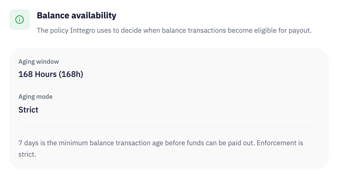 Inttegro sample balance availability policy with its aging window and enforcement mode. The policy shown belongs to the example account, not a universal settlement promise.