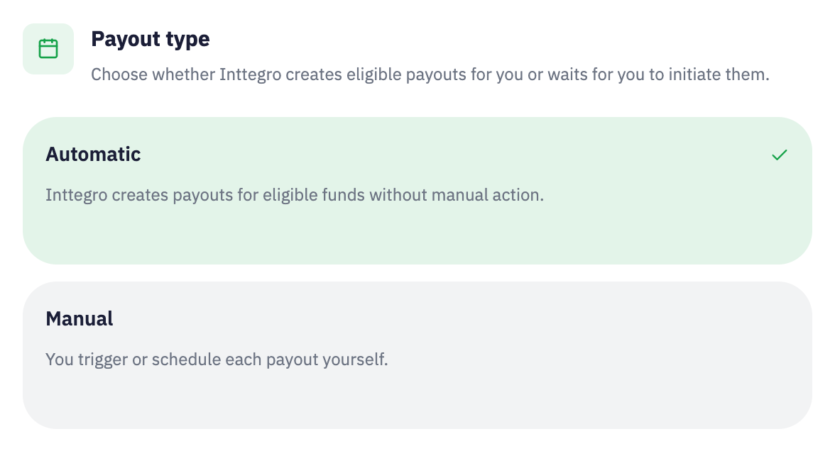 Inttegro payout settings with Automatic selected and Manual available as an alternative.