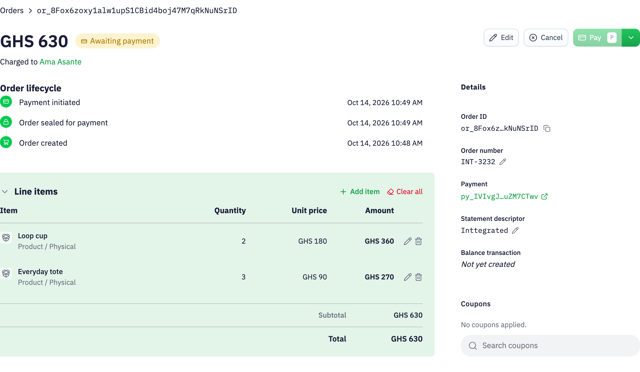 Inttegrated order INT-3232: Ama Asante, two Loop cups at GHS 180 and three Everyday totes at GHS 90. Total GHS 630, awaiting payment; lifecycle and statement descriptor remain visible.