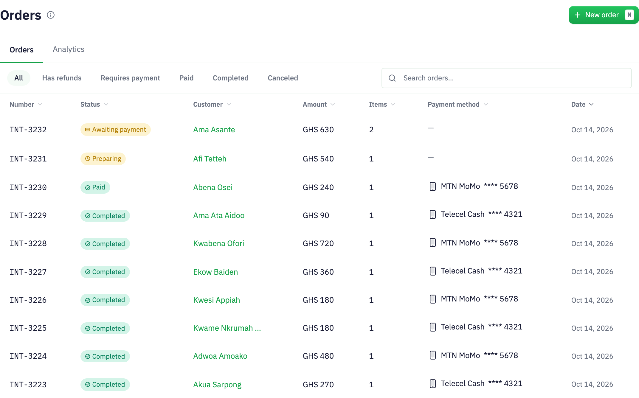 Inttegrated’s Inttegro orders list: customer names, amounts and payment methods, with preparing, awaiting payment, paid and completed orders. Order INT-3232 for Ama Asante is GHS 630, awaiting payment.