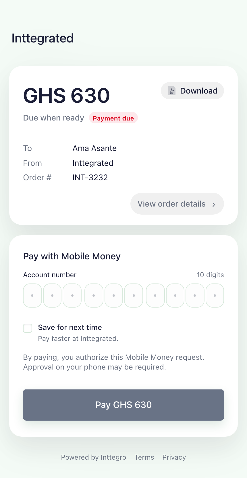 Inttegrated hosted invoice INT-3232 for GHS 630, with invoice download, mobile-money payment and an option to save payment details.