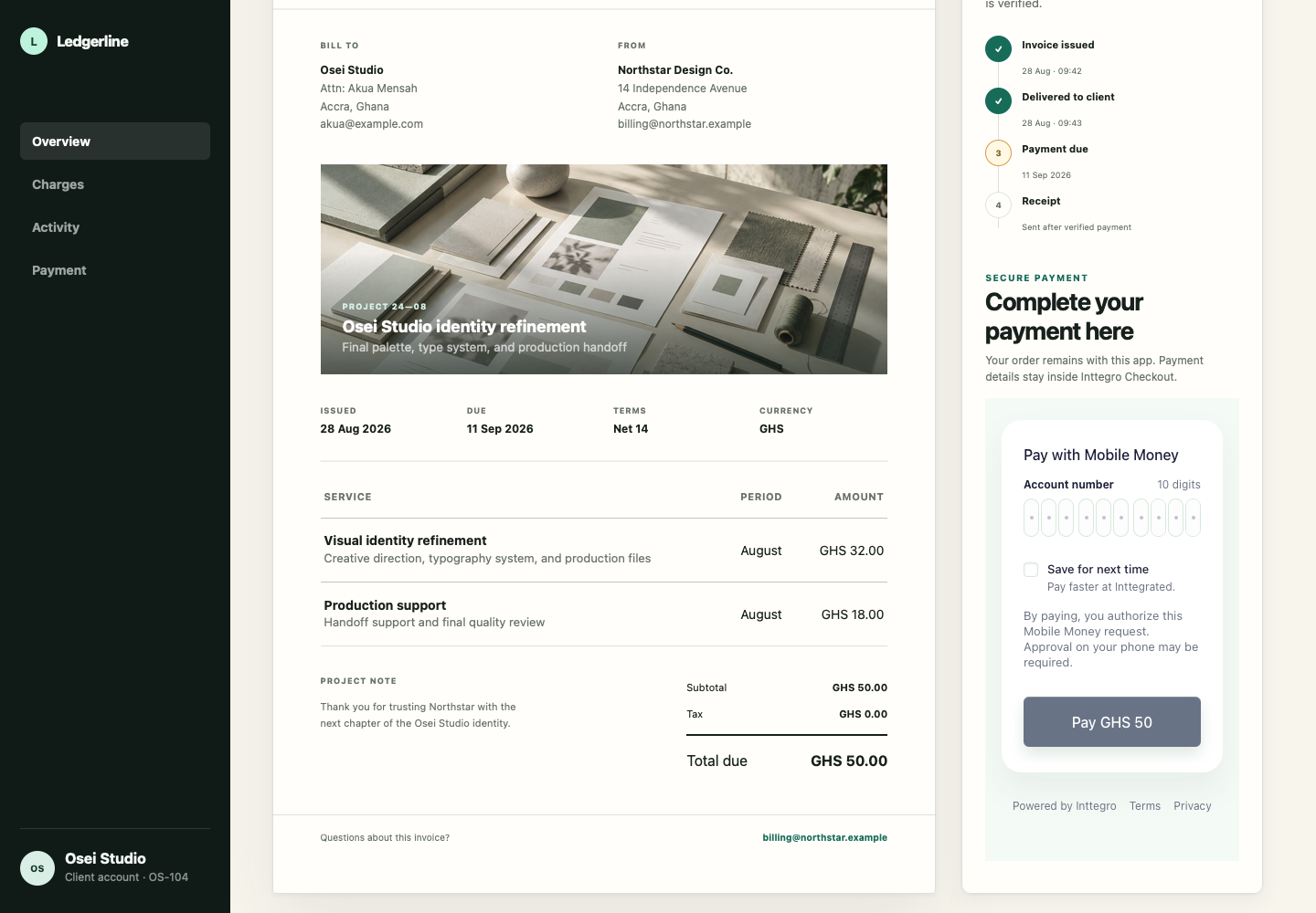 The light Ledgerline invoice workspace with Inttegro Checkout embedded beside a GHS 50 invoice.