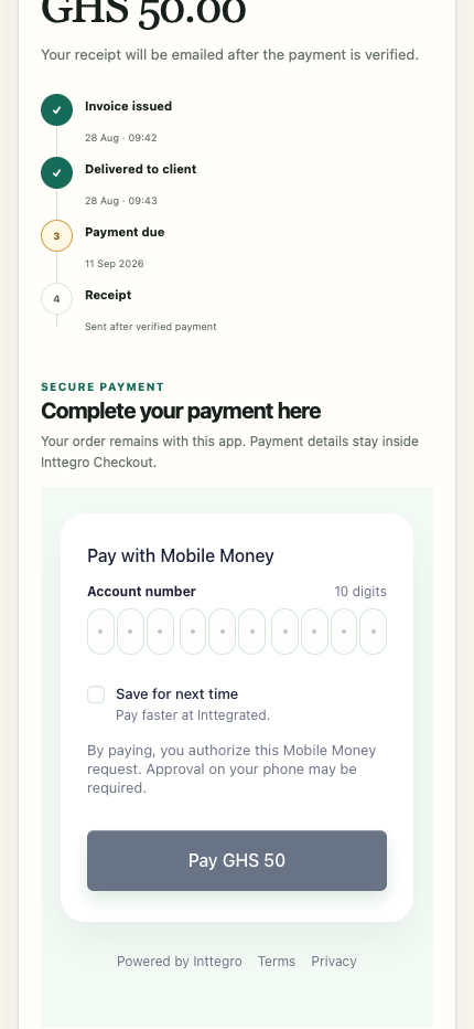 The same embedded GHS 50 checkout on a phone, inside the light invoice page.