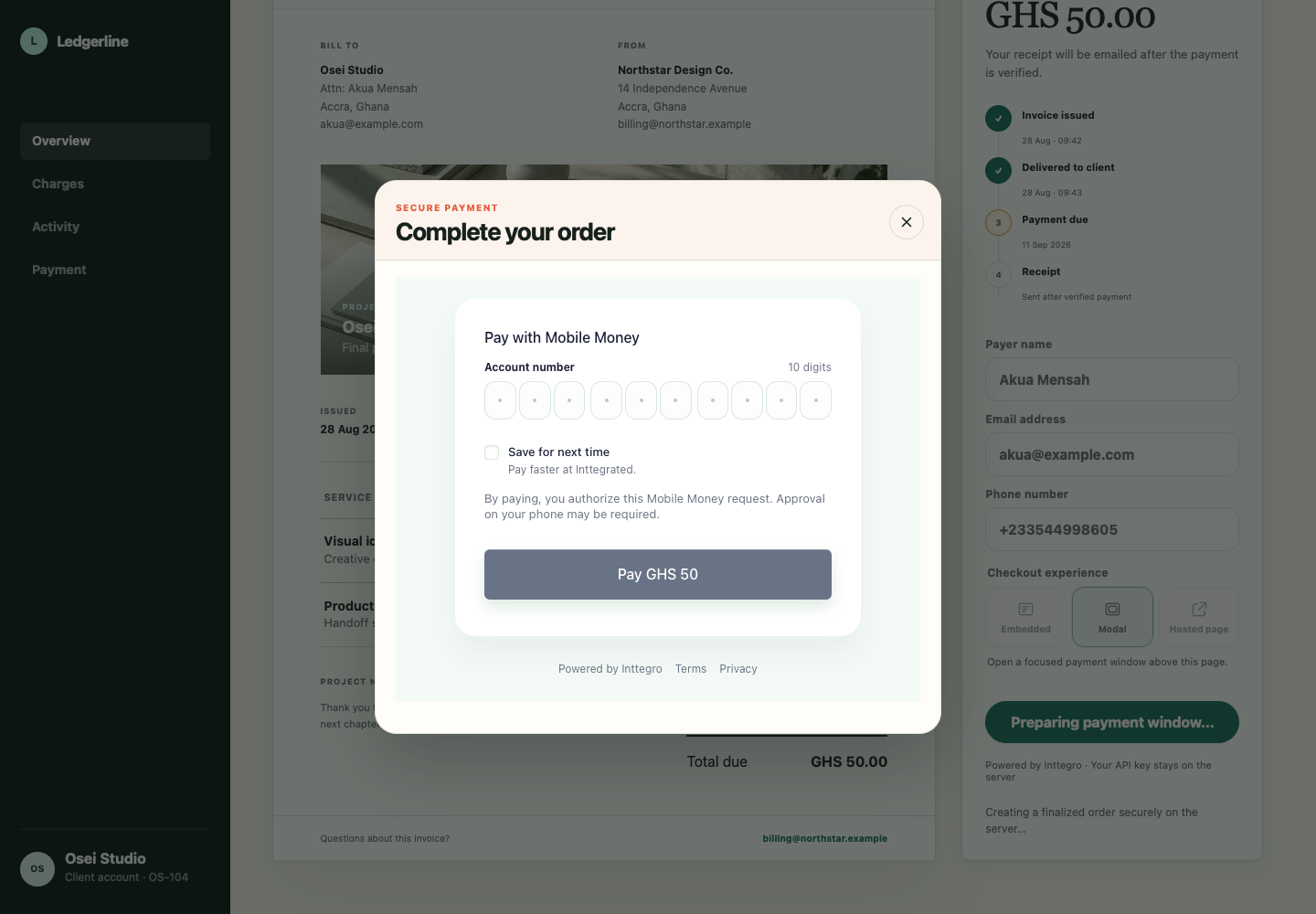Inttegro Checkout in an application-owned dialog over the light Ledgerline GHS 50 invoice workspace.