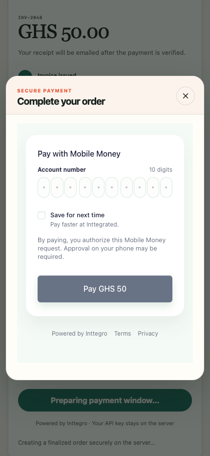 The GHS 50 payment dialog on a phone, with the original page retained behind it.