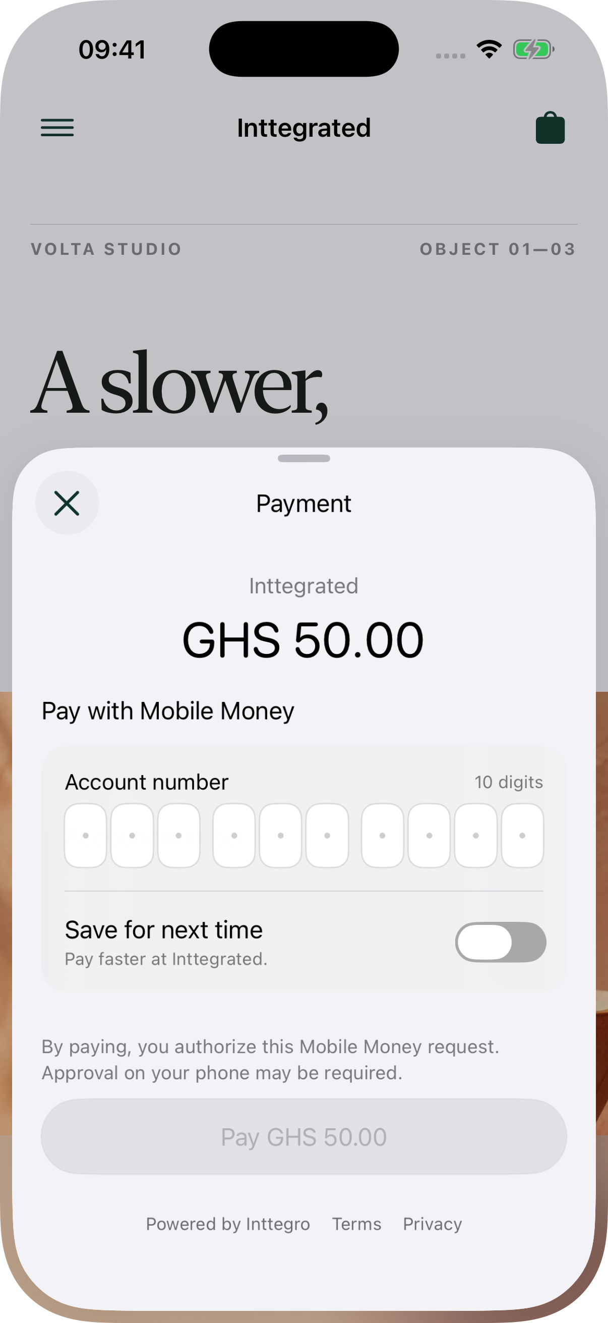 Native Inttegrated payment sheet for a new mobile-money account, GHS 50.