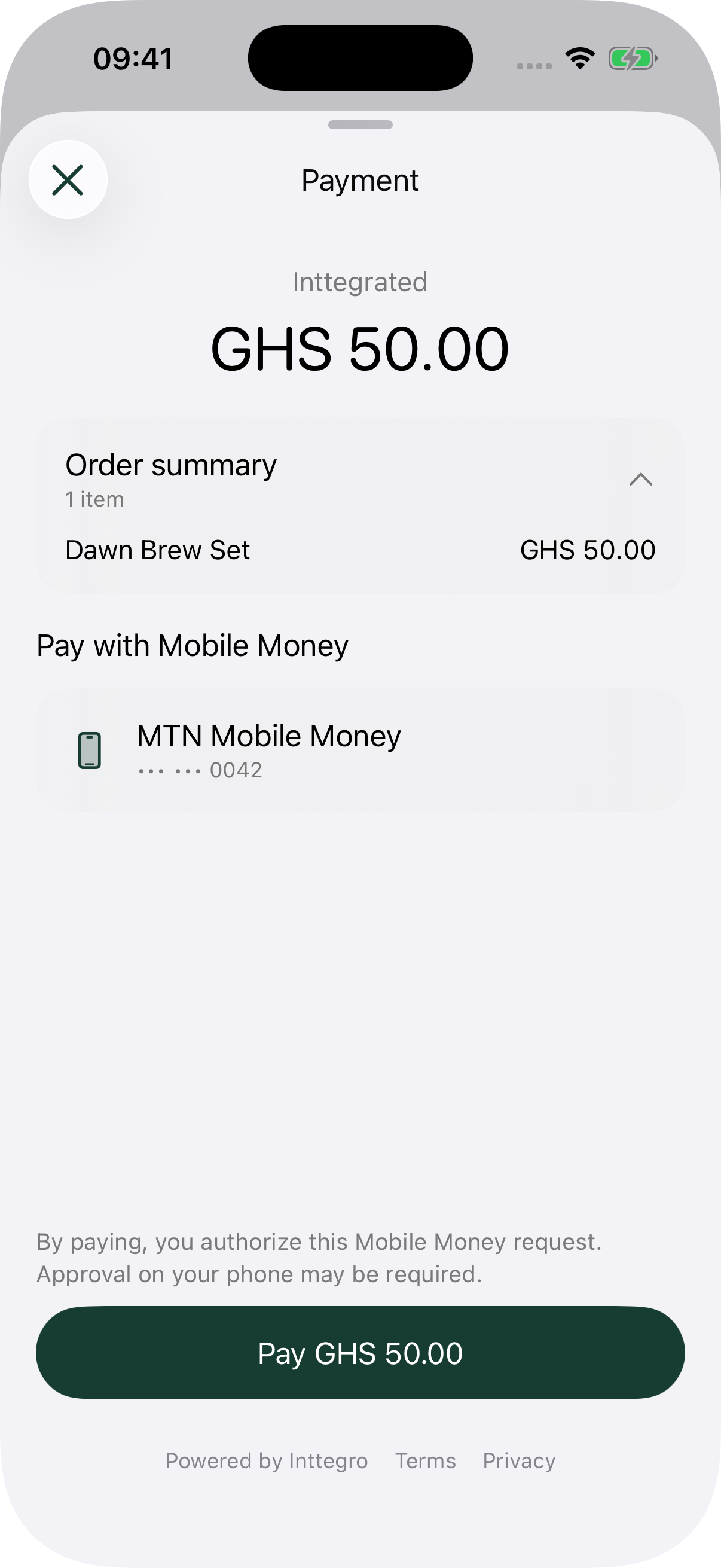 Native Inttegrated payment sheet with an order summary and attached mobile-money method, GHS 50.