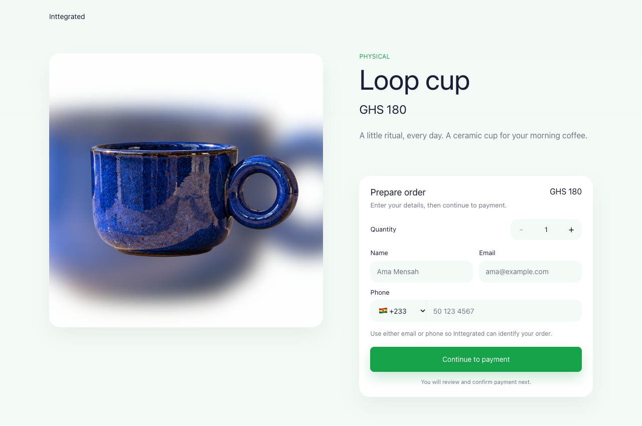 Native hosted Buy page for the demo Loop cup: GHS 180, quantity selection, customer details and Continue to payment.