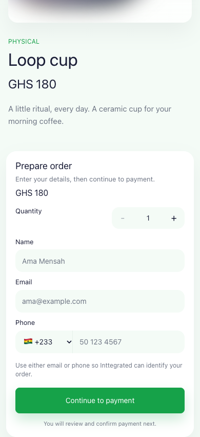 Native hosted Buy page for the demo Loop cup: GHS 180, quantity selection, customer details and Continue to payment.