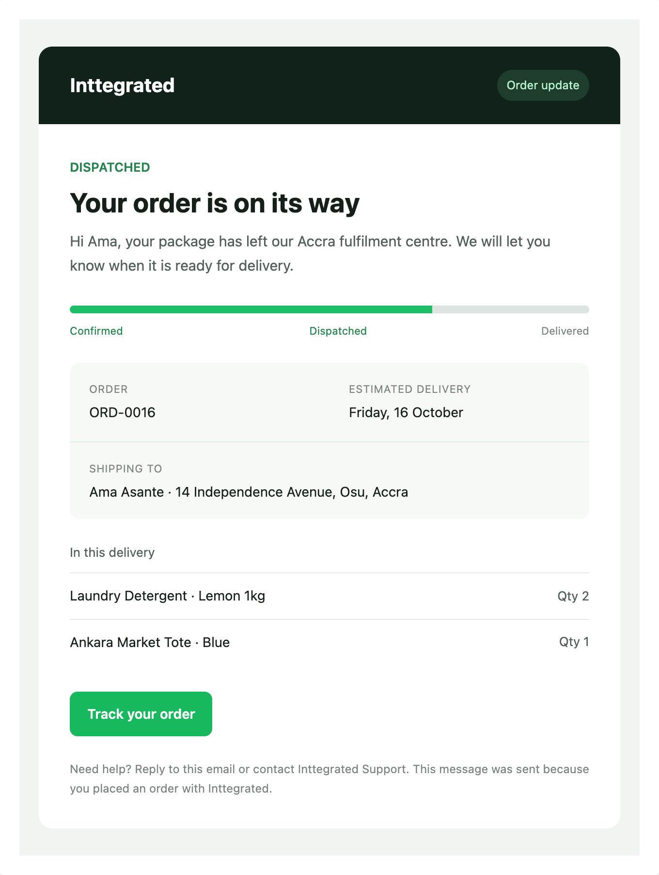 An Inttegrated order update to Ama Asante, rendered as an email in Chimes.