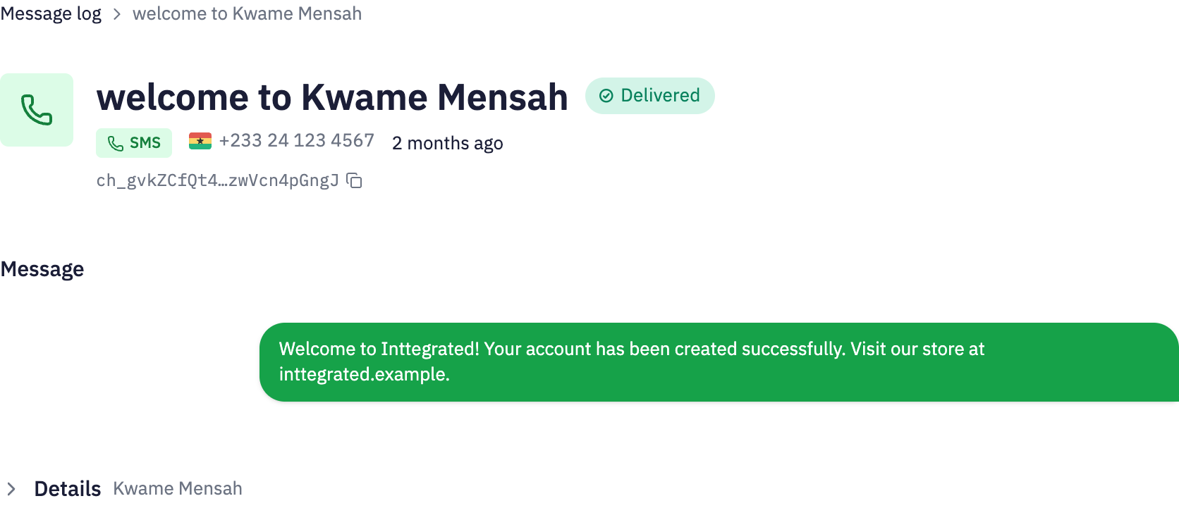 A customer SMS in Chimes with its recipient, message and delivery state.