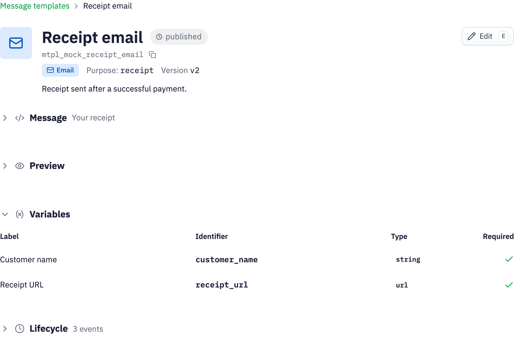 A reusable receipt email template in Inttegro with Customer name and Receipt URL variables.
