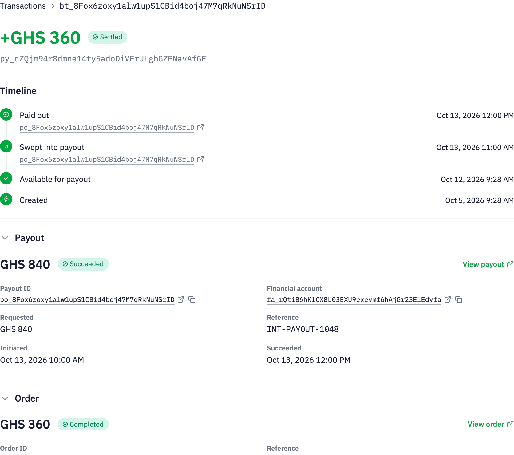 Inttegro balance transaction with amount, source order, availability and payout relationship.