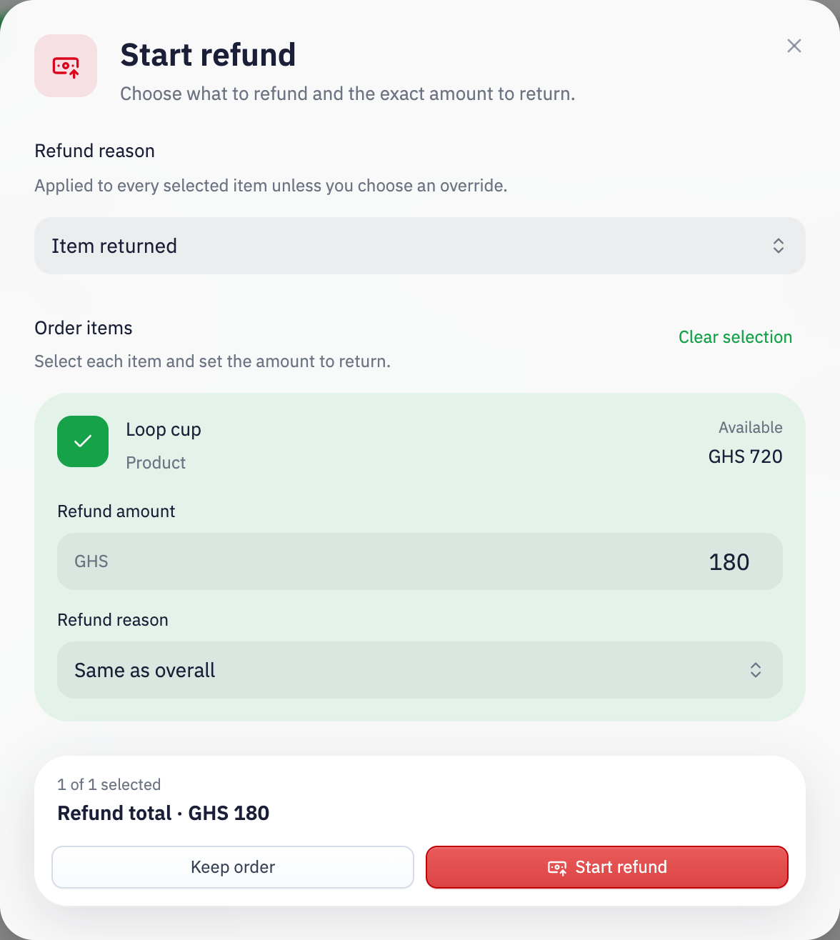 Inttegrated sample refund preparation: select an order line, enter the exact amount to return and choose a reason before submitting. No money has moved in this demonstration.