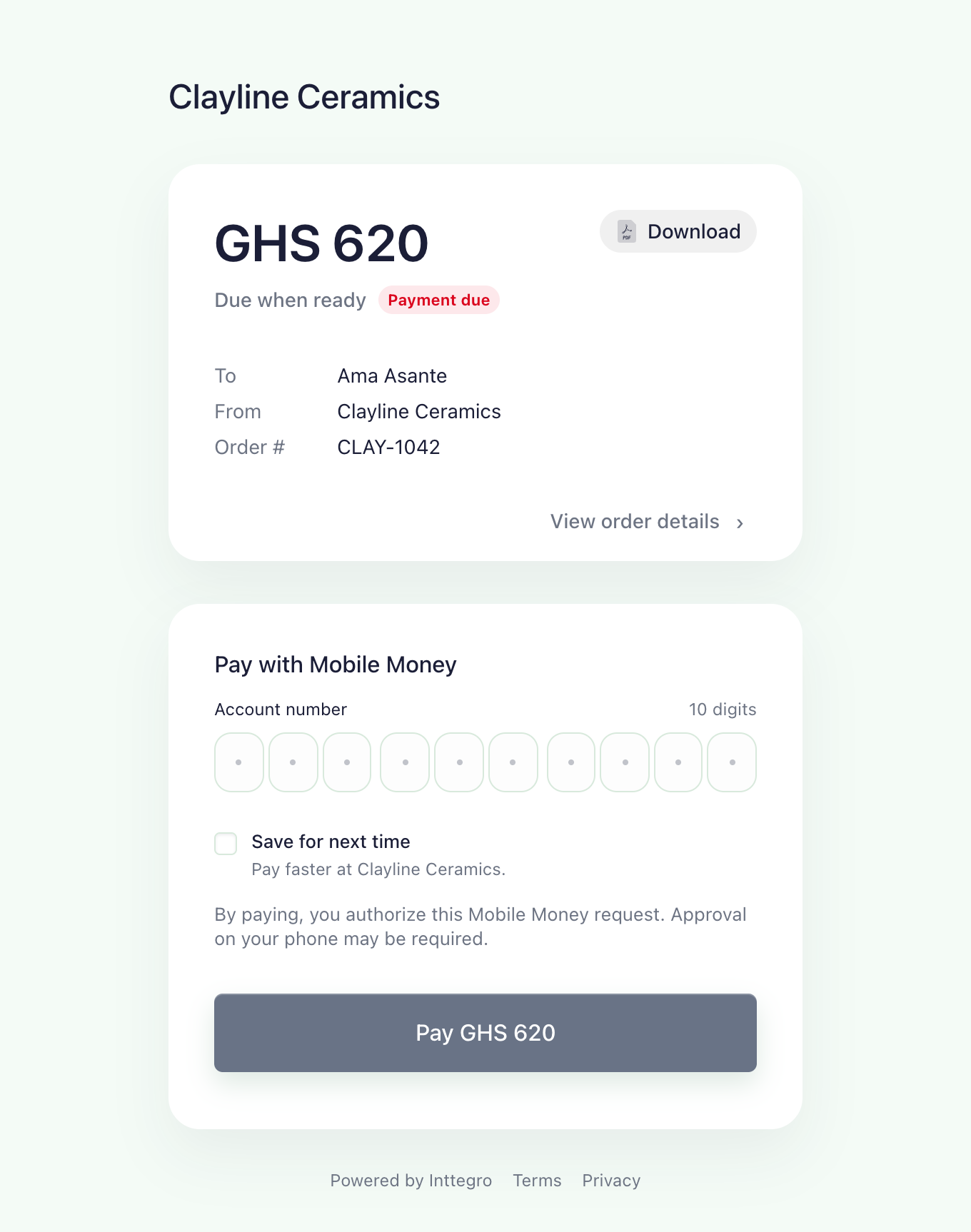 Illustrative Clayline Ceramics hosted invoice for Ama Asante, order CLAY-1042. GHS 620 remains due for two glazed stoneware mugs and a serving bowl, with a mobile-money payment form.