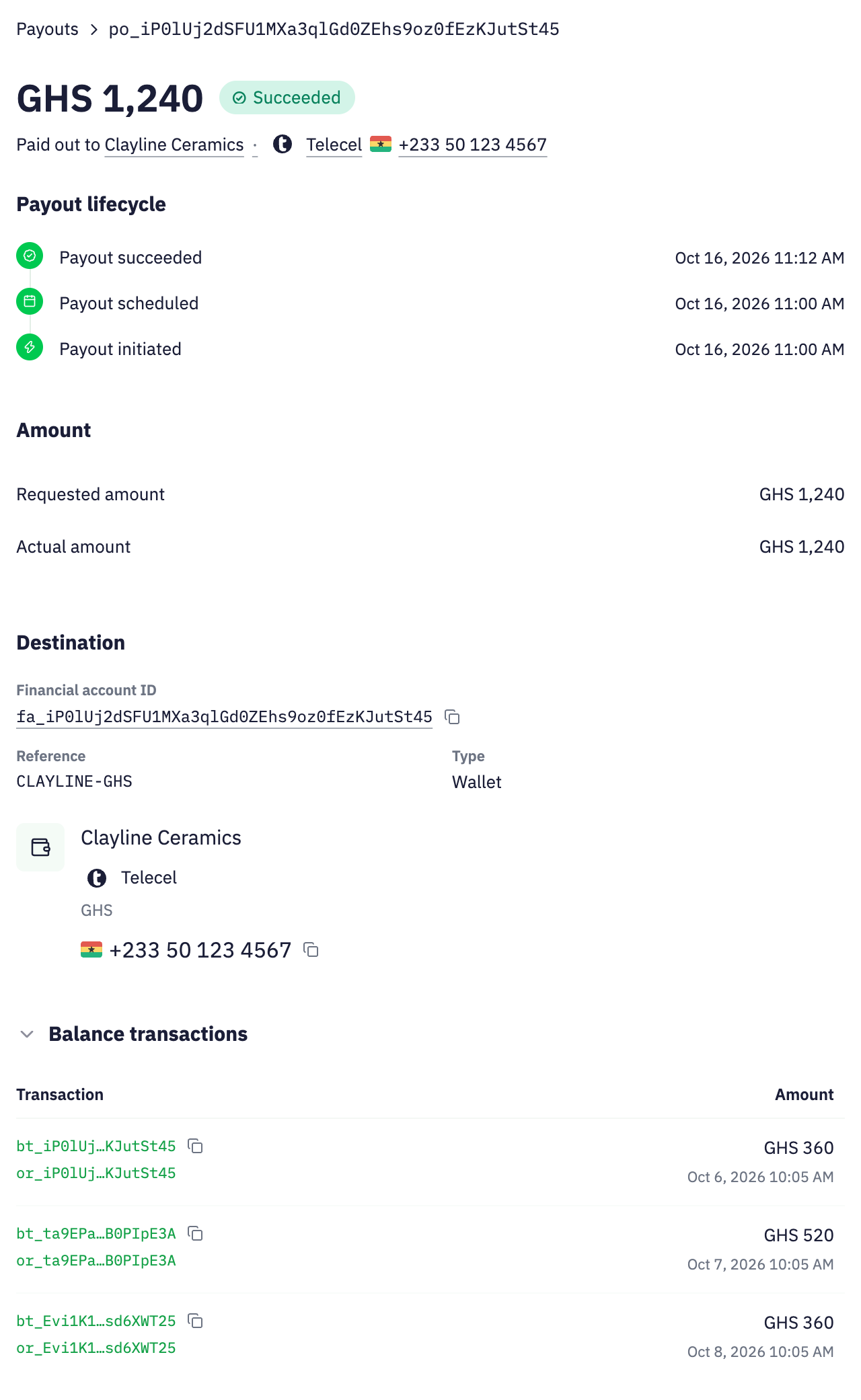 Illustrative historical Clayline Ceramics payout of GHS 1,240, marked succeeded to its Telecel wallet. Desktop includes the destination and three contributing transactions of GHS 360, GHS 520 and GHS 360; phone shows the complete payout summary. This is separate from unpaid order CLAY-1042.