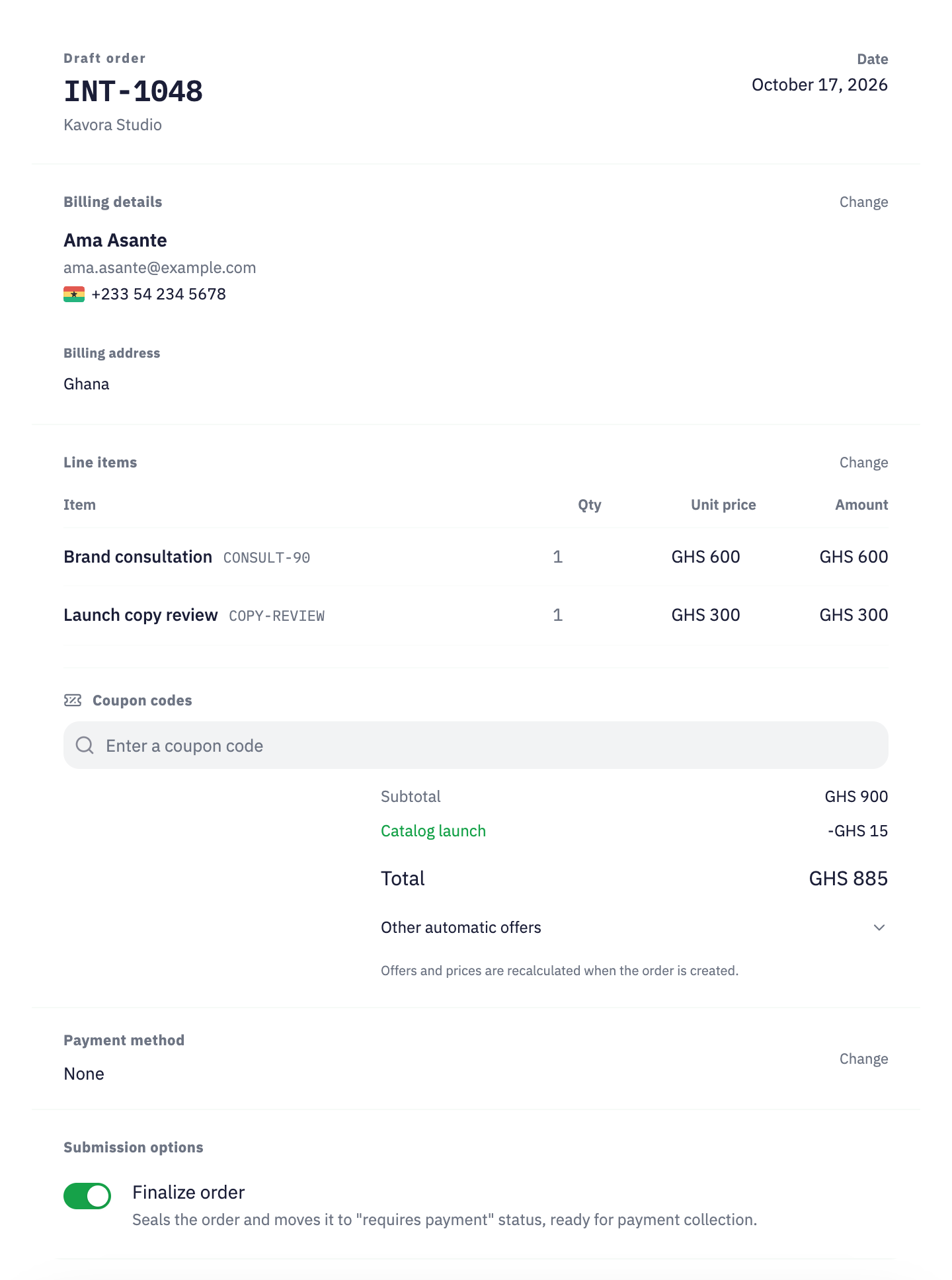 The native order review for fictional Kavora Studio draft INT-1048, addressed to Ama Asante. The same GHS 600 and GHS 300 service items total GHS 900 before a GHS 15 Catalog launch discount, leaving GHS 885. The order has not been created or paid.